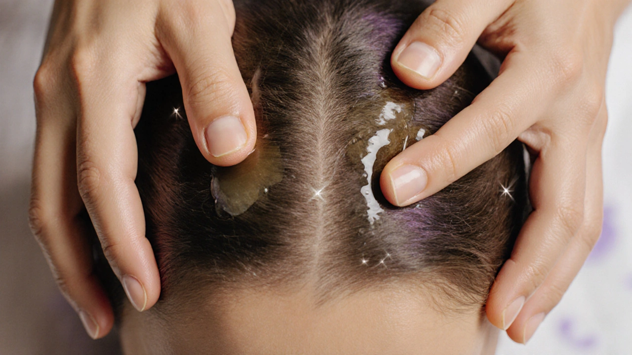 Close-up of scalp with oil, thumbs massaging suboccipital area and fingertips at temples.