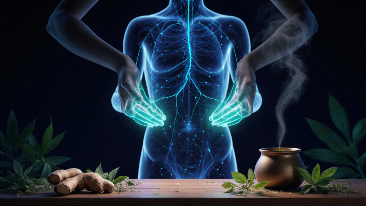 Glowing silhouette showing energy pathways with practitioner hands and herbs.