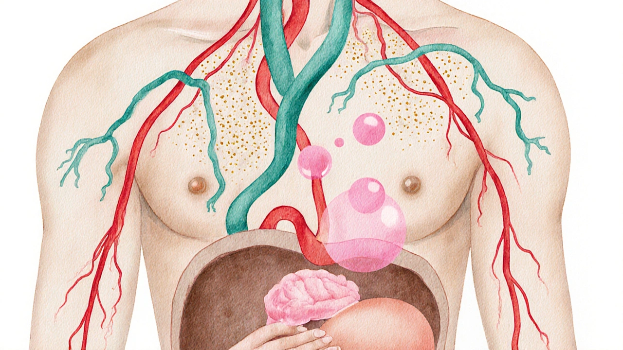 Illustration of blood flow with glowing endorphin and oxytocin particles.