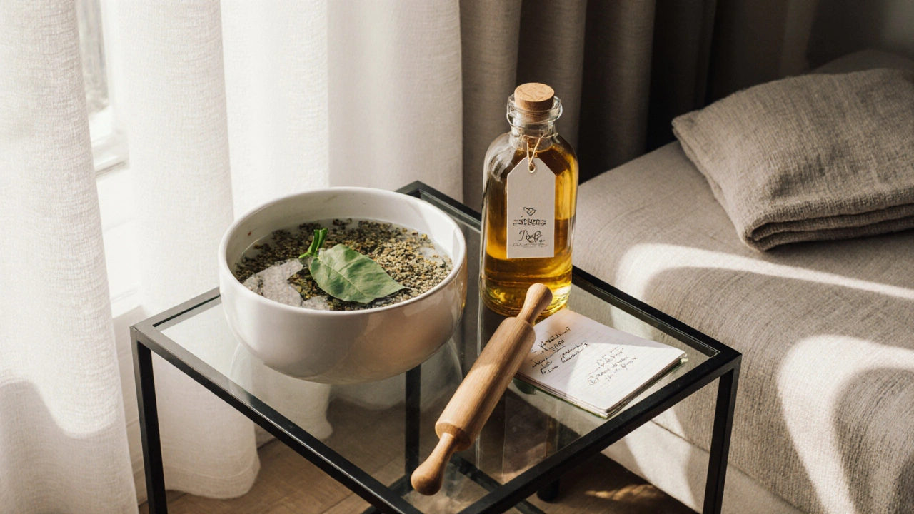 Modern wellness corner with foot soak, herbal leaves, oil bottle, and notes.