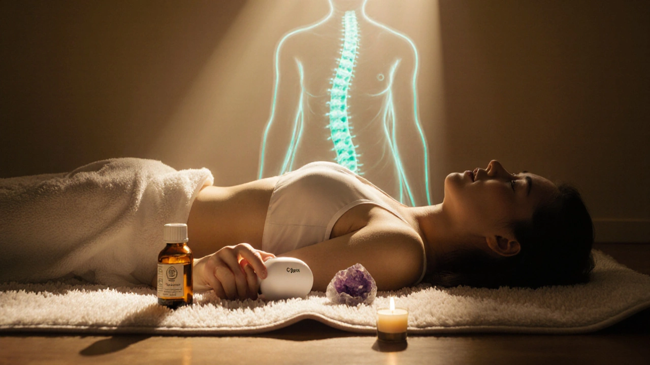 Person using a G‑Spot Stimulator on a towel, with glowing spine energy and nearby amethyst stone.