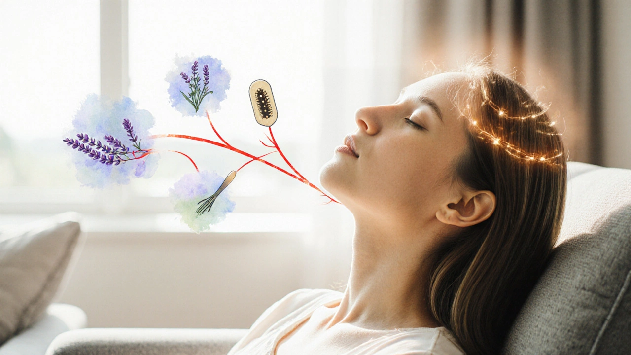 Relaxed woman in sunlit room, glowing hair, aura of light, watercolor flow shows blood circulation.