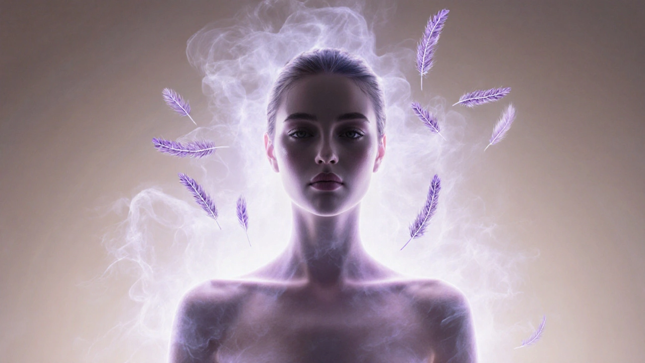 Silhouette with radiant skin surrounded by lavender mist and gentle light.