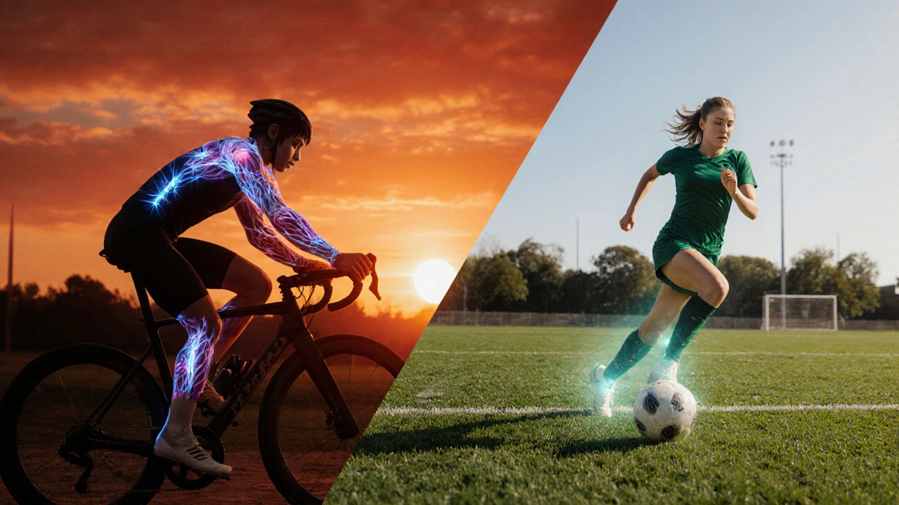 Triathlete biking and soccer player sprinting, both shown with glowing muscles indicating enhanced performance.
