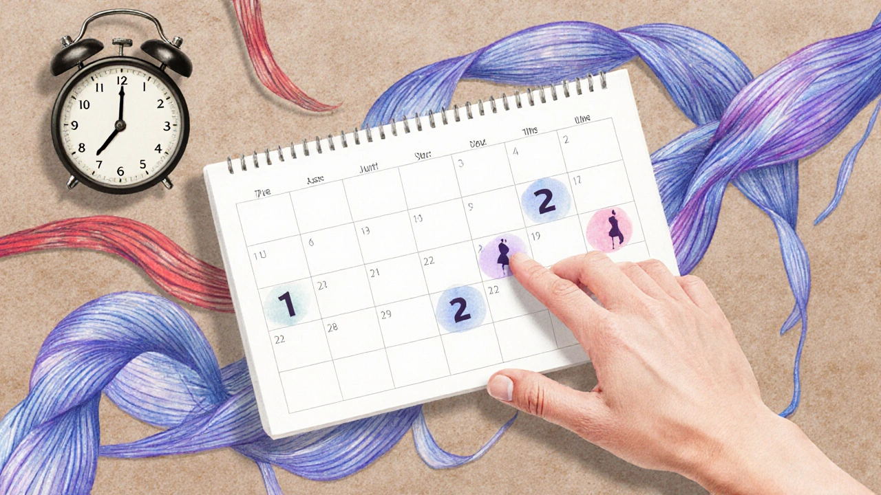 Watercolor collage of a calendar with hand icons, ribbons of blood flow, and a clock representing massage scheduling.