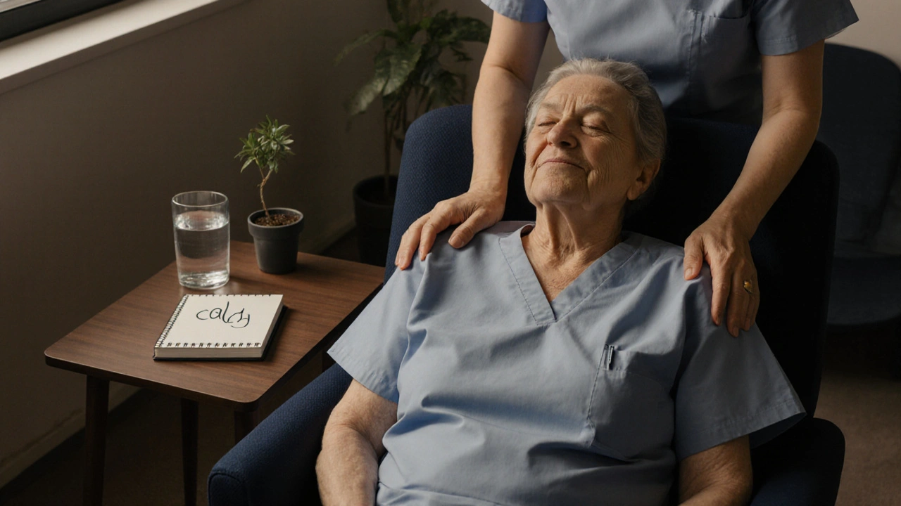 A calm hospital scene with a nurse offering Reiki to a patient, morning light streaming in, no touch, only stillness.