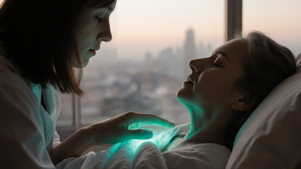A hospital patient resting peacefully as a practitioner’s hands hover above their chest, dawn light visible through a window.
