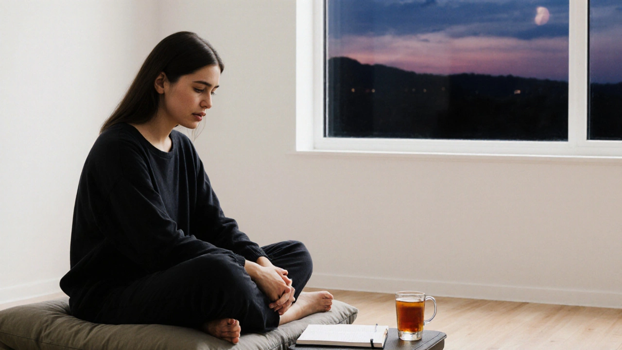 A person sitting quietly after a session, tears on their cheeks, surrounded by stillness and a journal in a peaceful room.