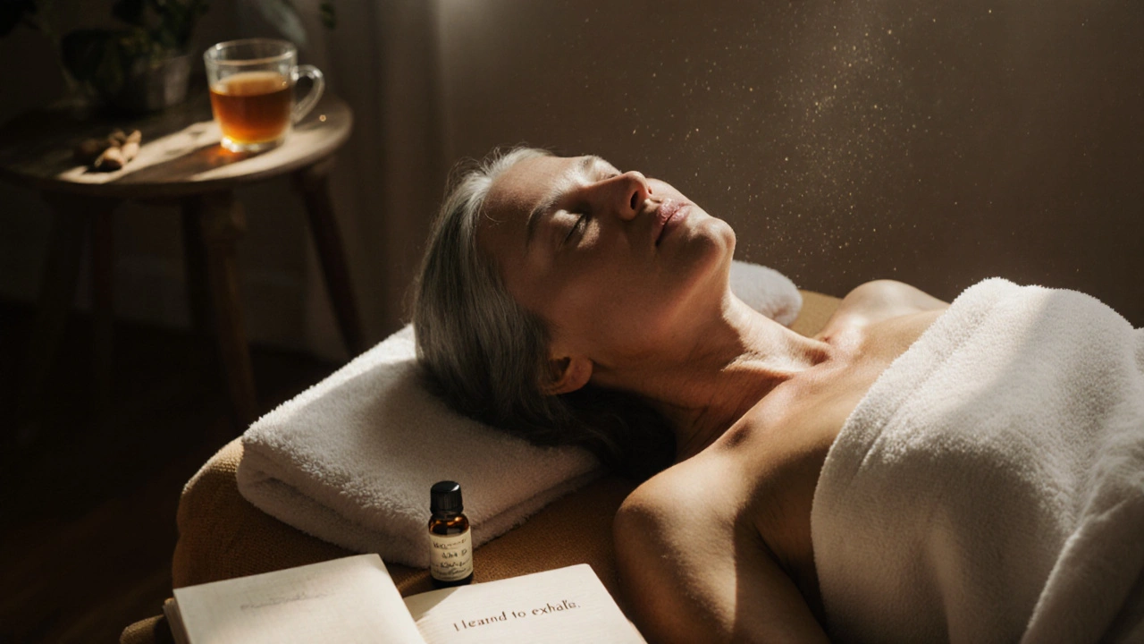 A woman resting peacefully after an ayurvedic massage, tear on cheek, morning light illuminating oil on her skin.