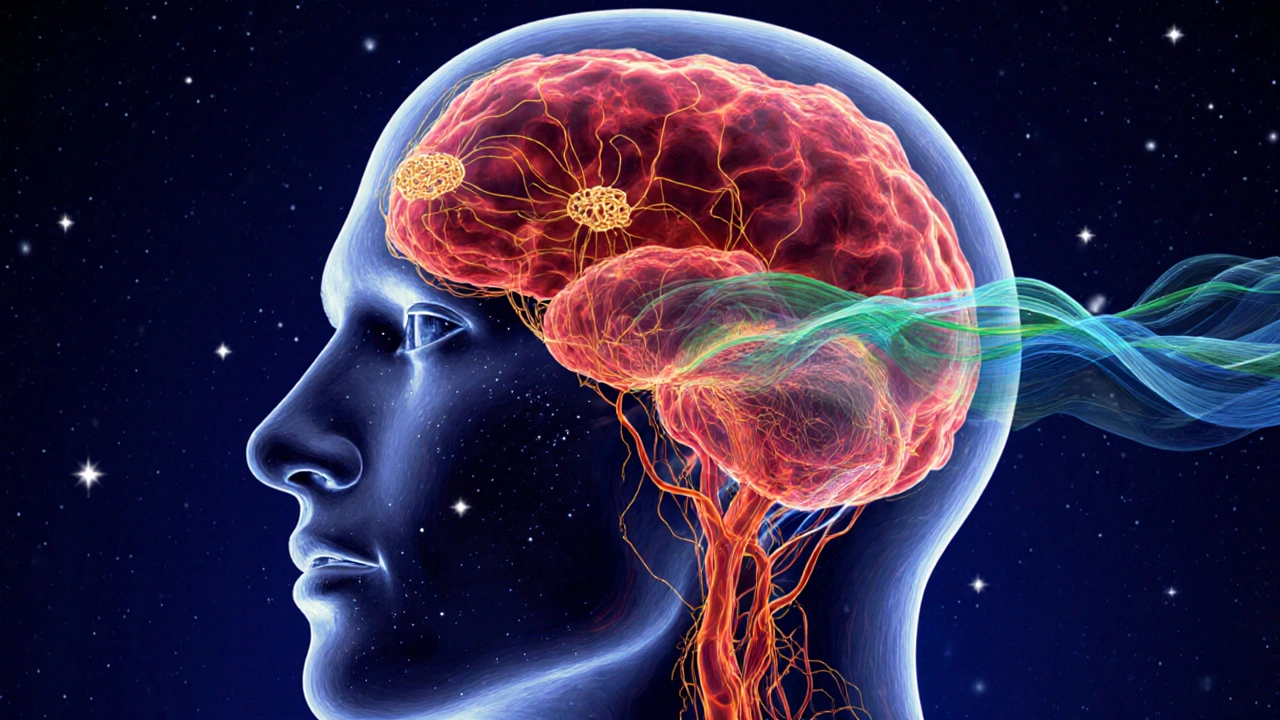 Abstract illustration of blood flow and tension release in the scalp with golden and blue energy waves.