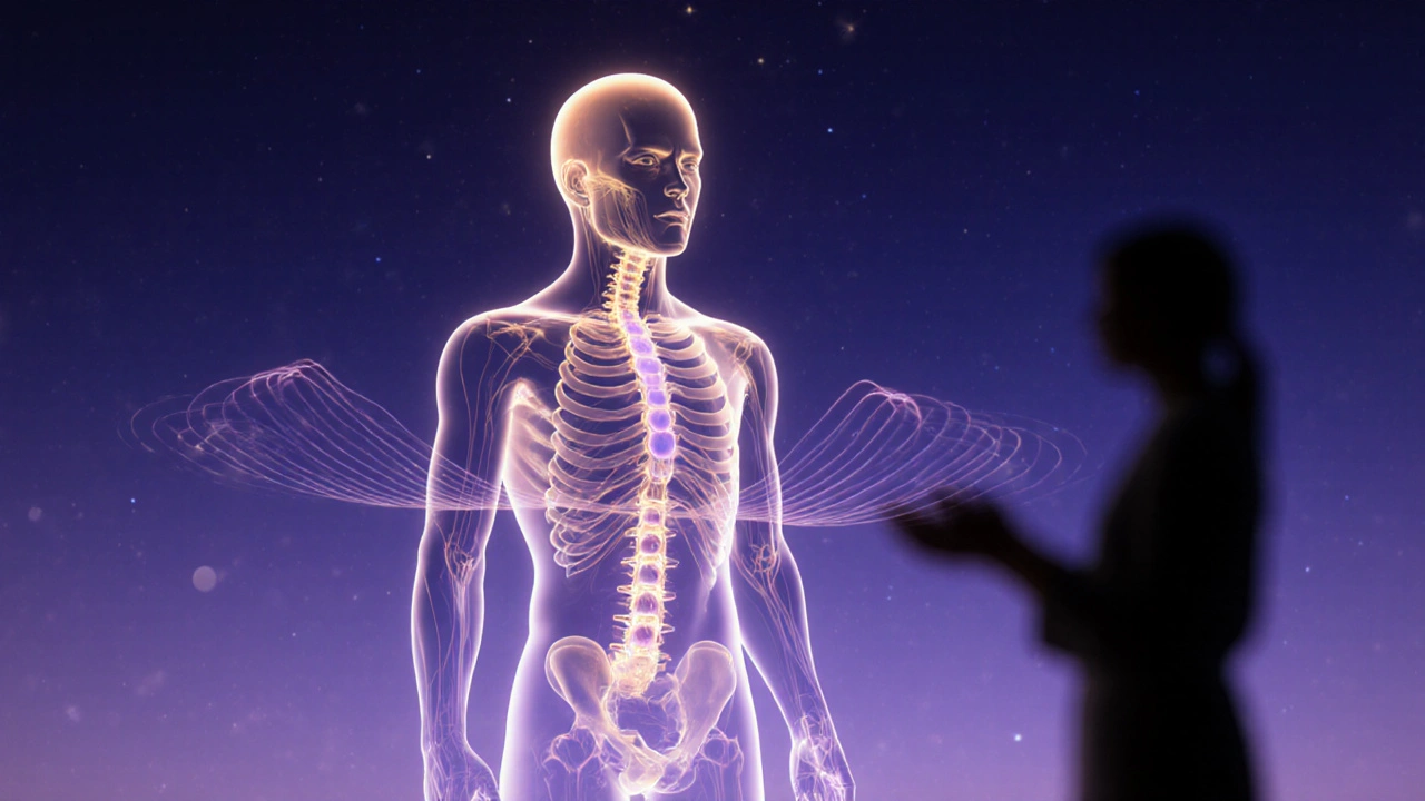 An abstract glow of energy flowing through a human form, with subtle light patterns representing chakras and biofields.