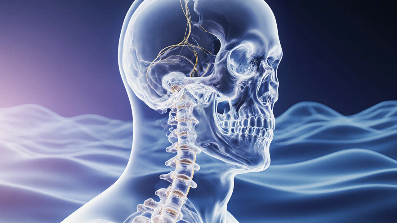 An abstract visualization of subtle fluid energy flowing through the skull and spine, symbolizing craniosacral rhythm and nervous system balance.
