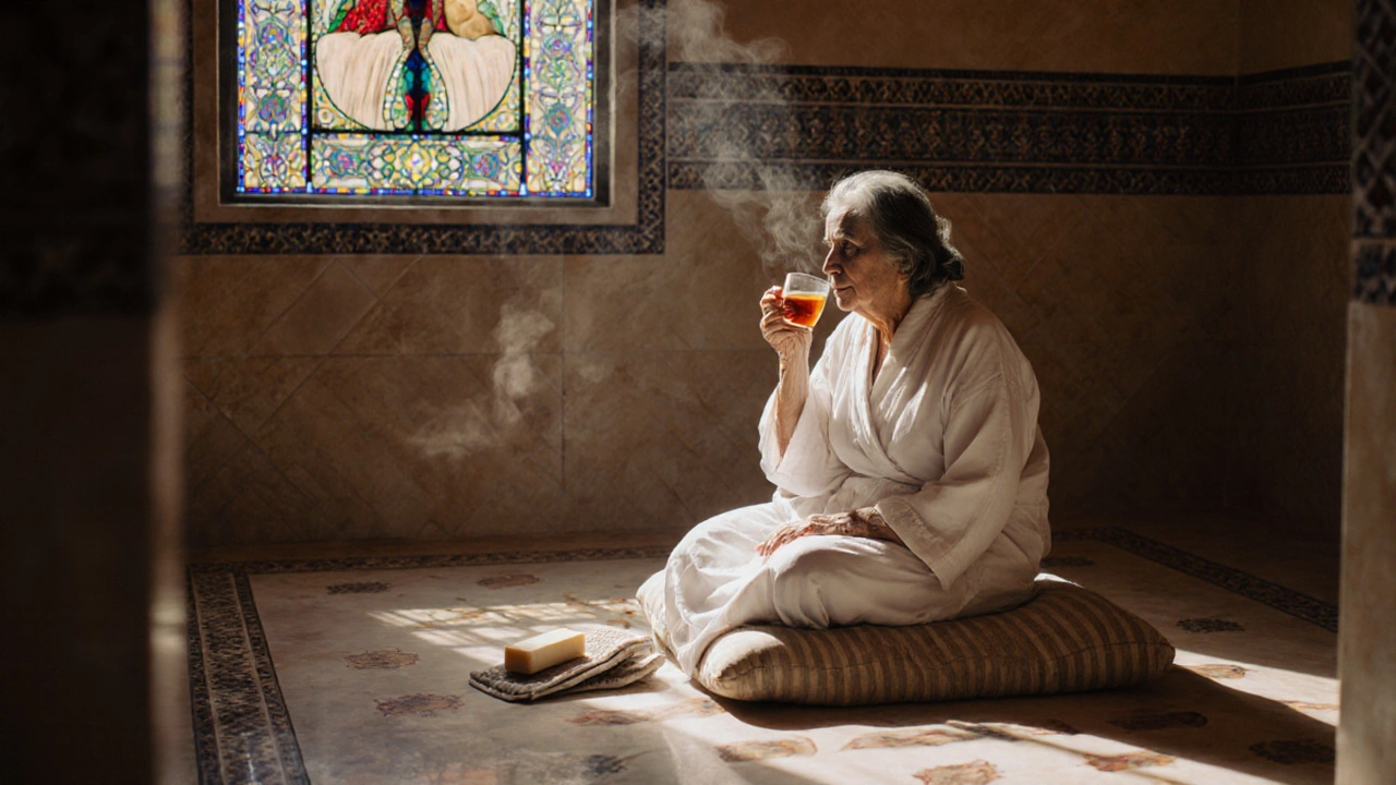 An elderly woman resting after a hammam, sipping mint tea in a quiet, steamy room.