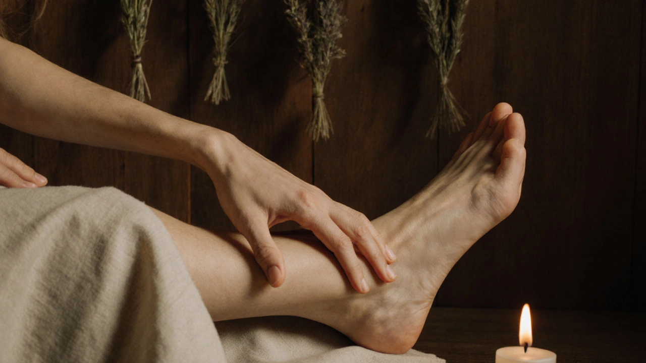 Close-up of hands lightly touching an arm and ankle during a non-sexual, rhythmic body session.