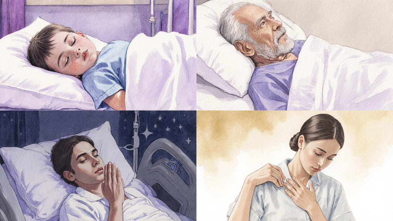Four quiet scenes of healing: a child sleeping, a veteran at rest, a nurse breathing deeply, and a hand above a patient’s shoulder.