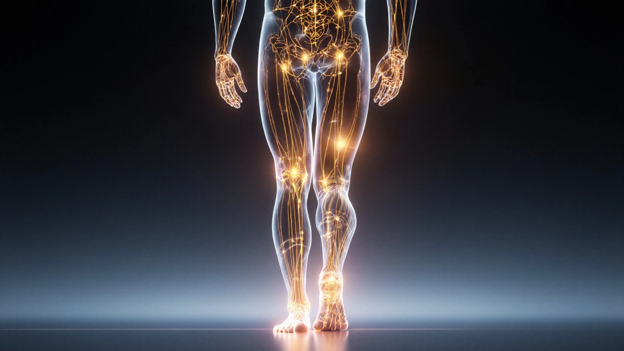 Human body with glowing meridian lines showing energy flow during Amma therapy.