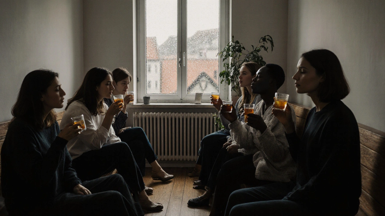 People sitting quietly after a session, sipping tea in a calm, rain-soaked Prague wellness studio.