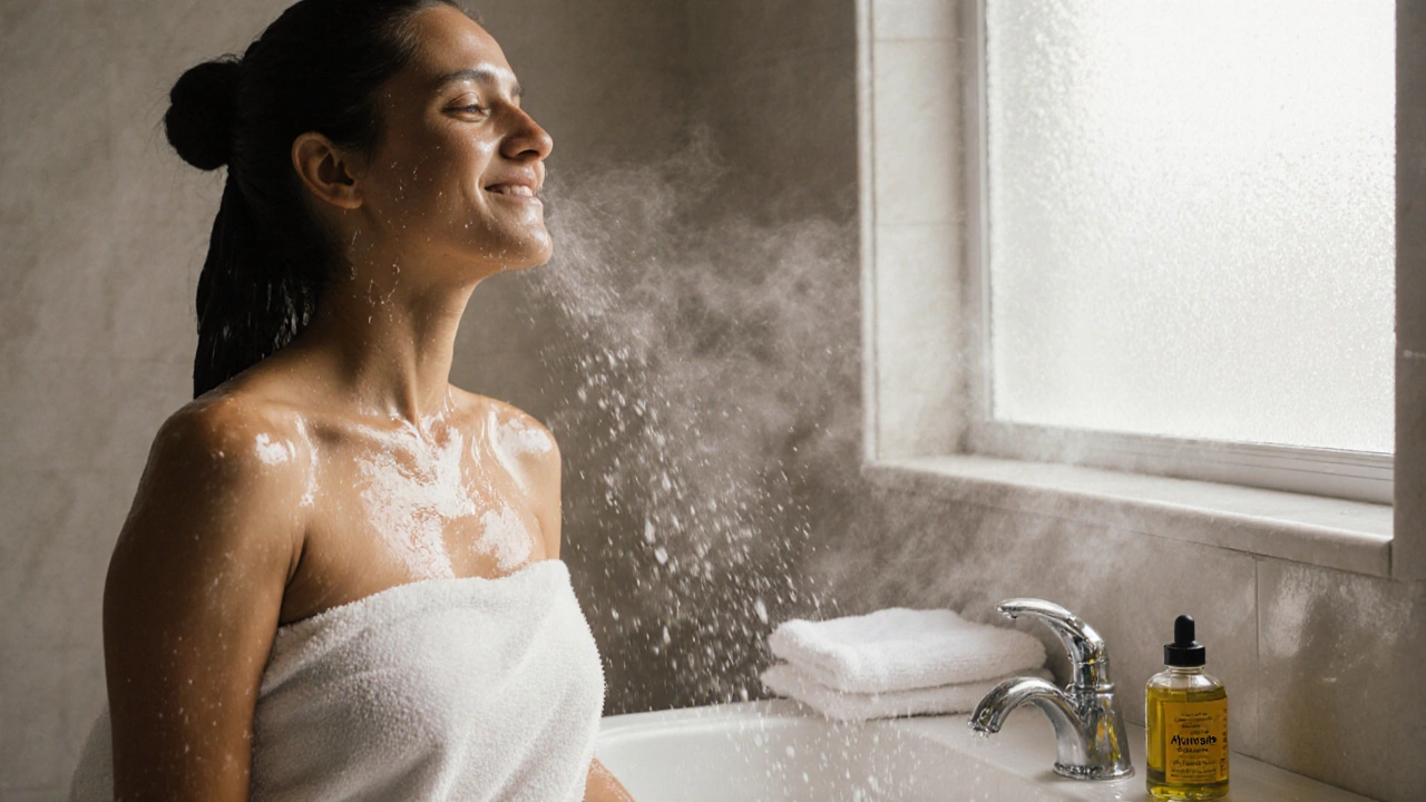Person showering after Ayurvedic massage, skin glistening, breathing deeply in warm steam.