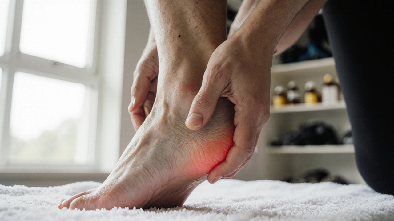 Therapist’s hands pressing firmly on a runner’s foot to release plantar fascia tension.