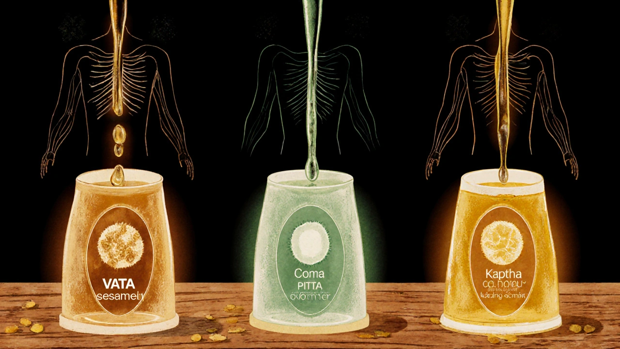 Three herbal oils—sesame, coconut, and mustard—poured in streams with glowing energy pathways behind them.