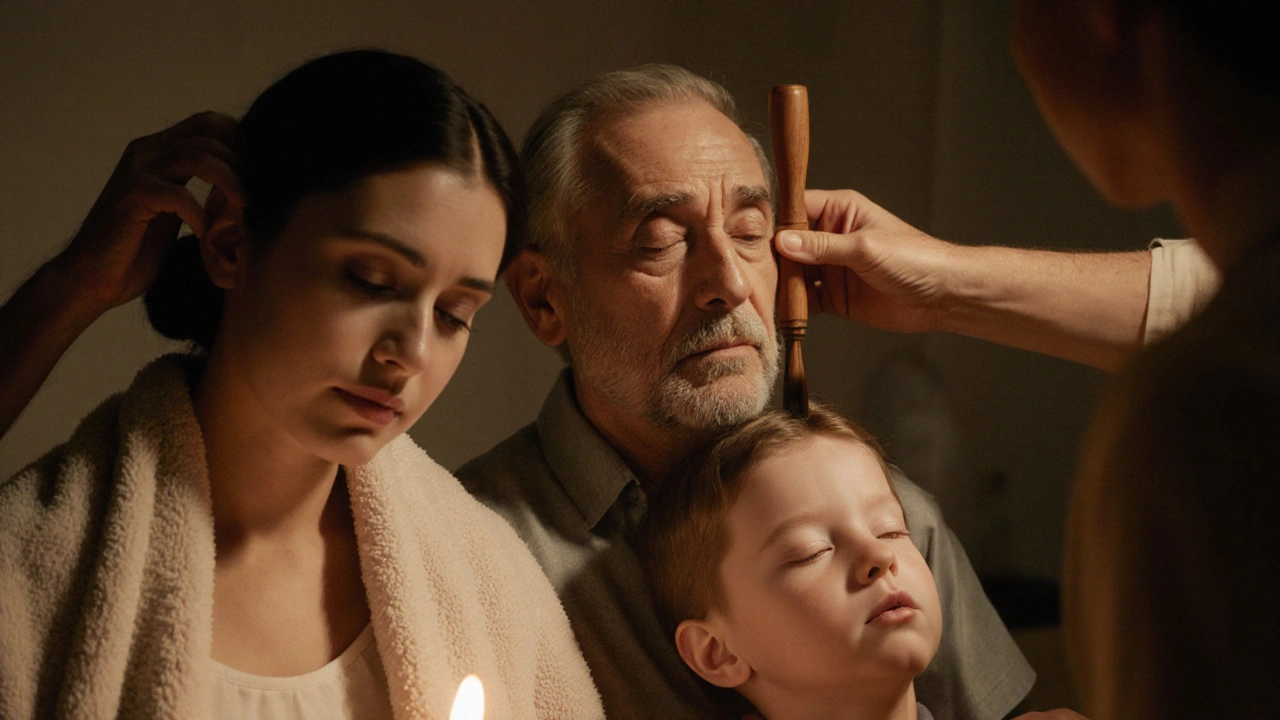 Three people receiving gentle scalp massages at bedtime, lit by candlelight in a cozy setting.