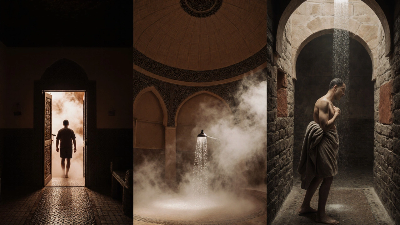 Three stages of a hammam ritual shown in one scene: warm room, hot chamber, and cold rinse.