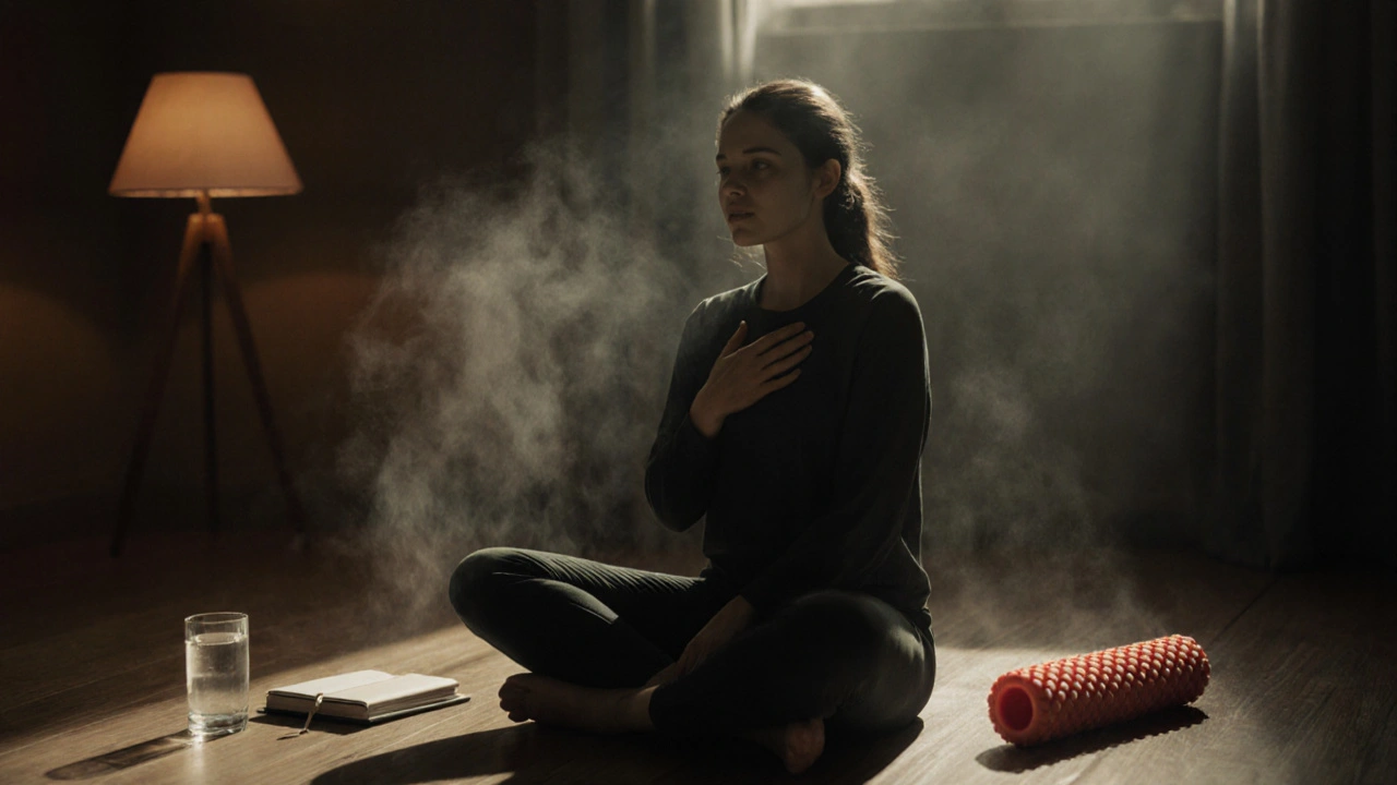 Woman resting peacefully after a deep tissue massage, surrounded by wellness items.