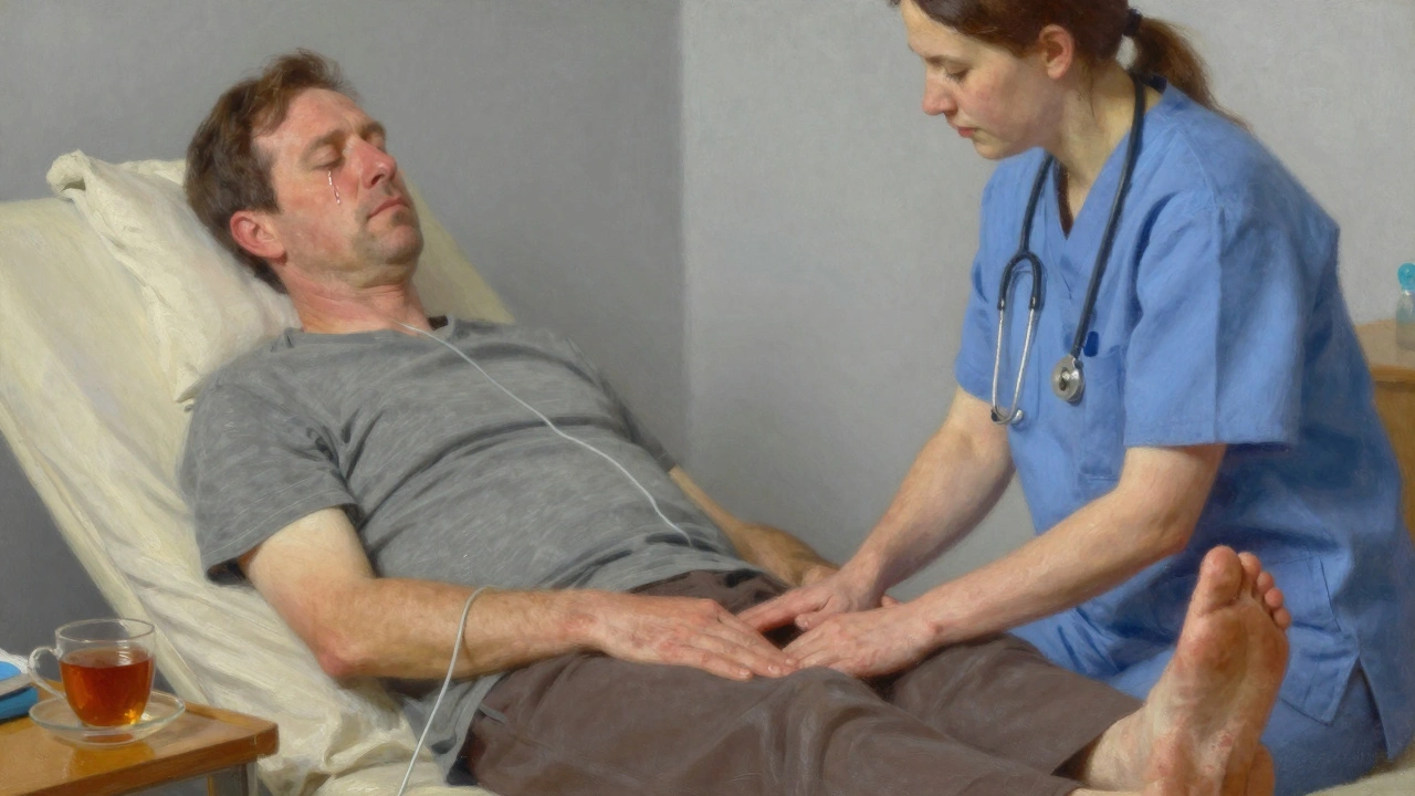 A caregiver massages the feet of a man with ALS in a peaceful hospice setting.
