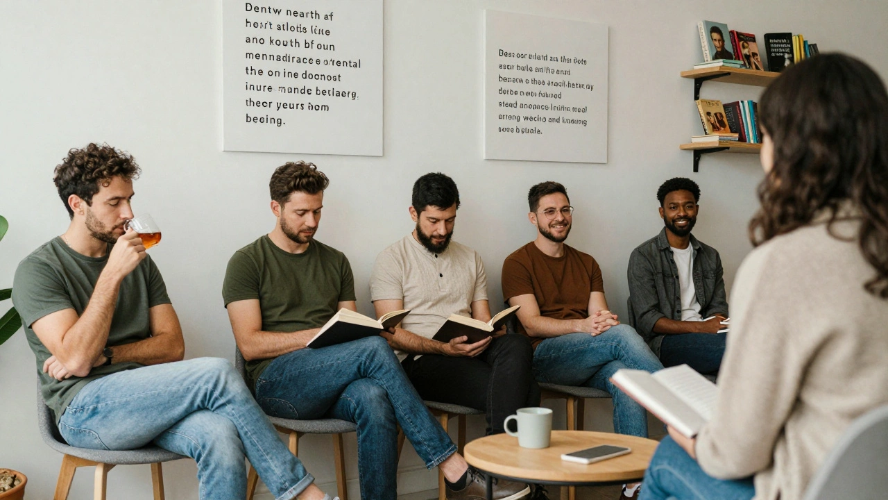 A diverse group of men in a peaceful waiting room, sharing quiet moments of comfort and community.