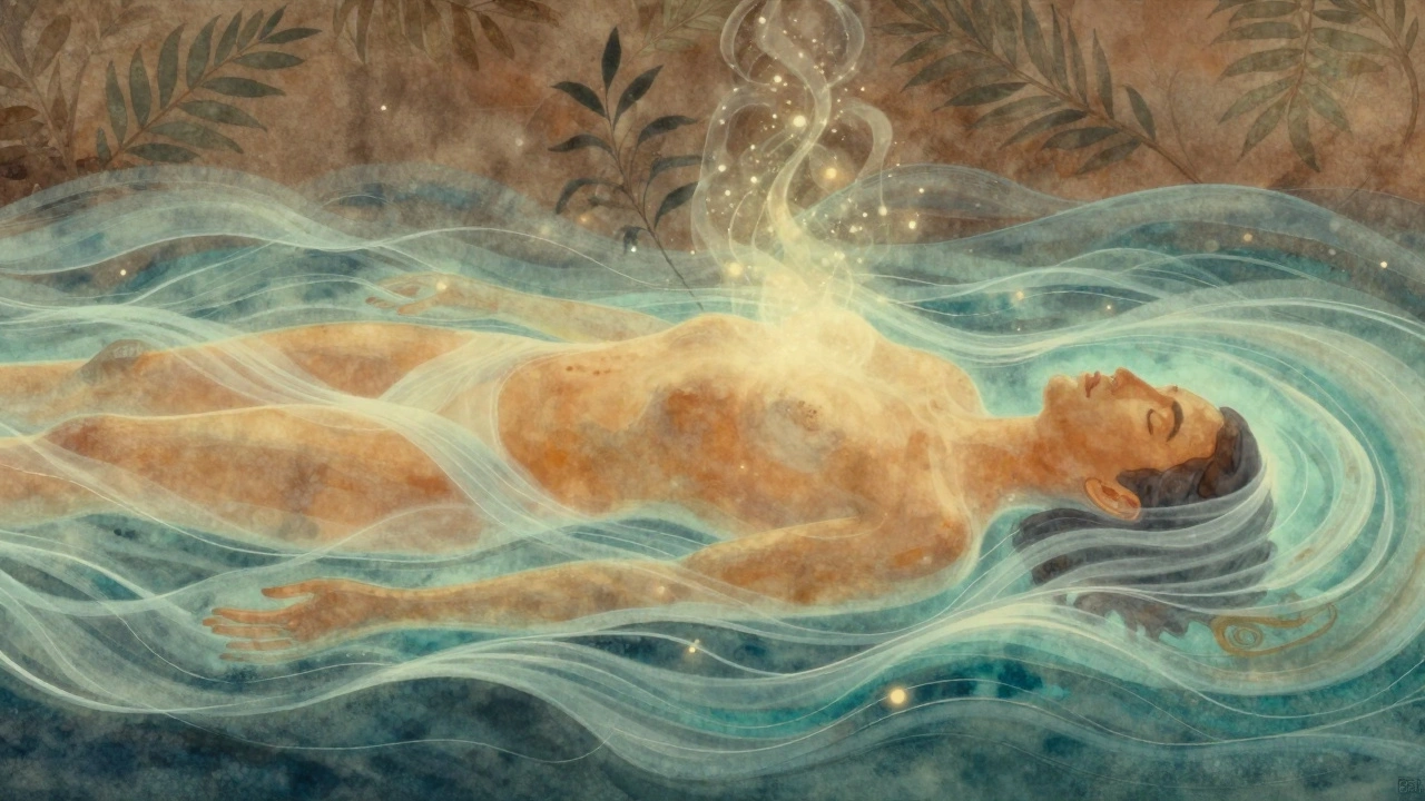 Abstract representation of healing energy as ocean-like waves moving through a human form, with glowing particles of released tension.