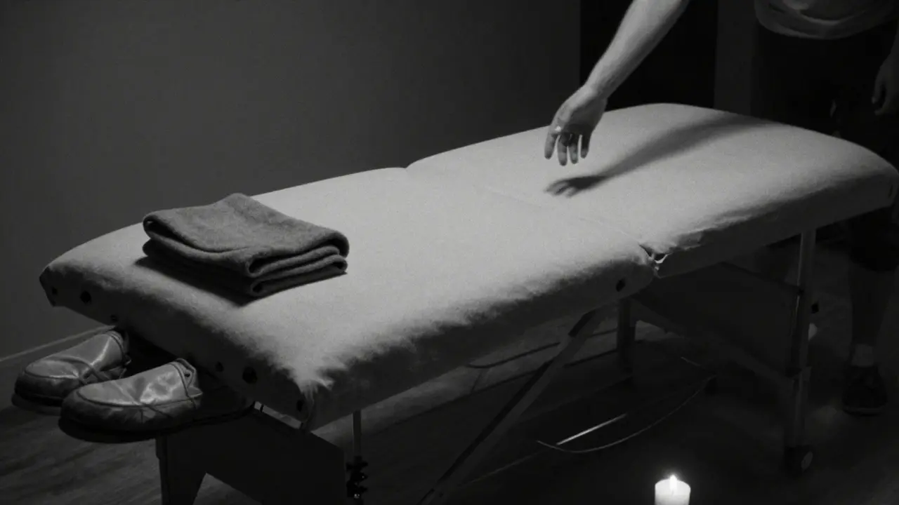 An empty massage table with a folded blanket and a flickering candle, symbolizing quiet longing and safety.
