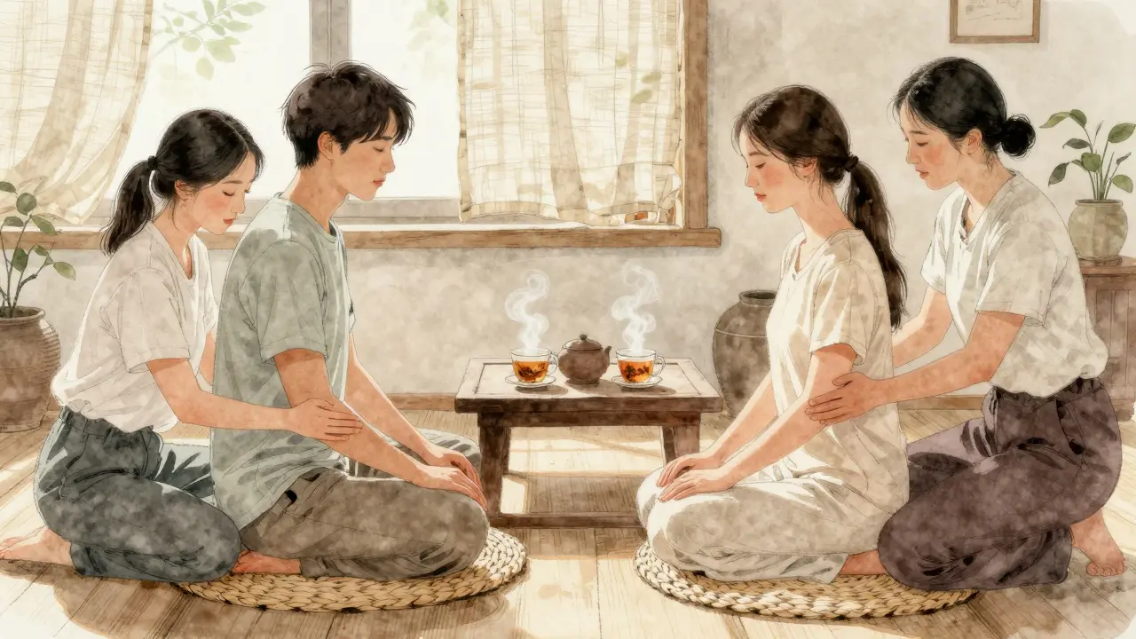 Couples receiving side-by-side massages in a quiet studio, hands gently touching, surrounded by natural light.