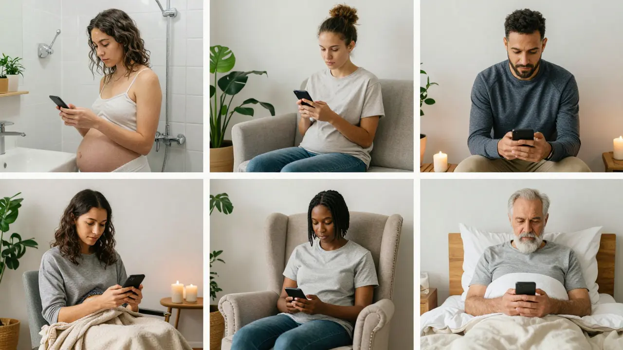 Diverse individuals using massage devices at home in calm, everyday settings.