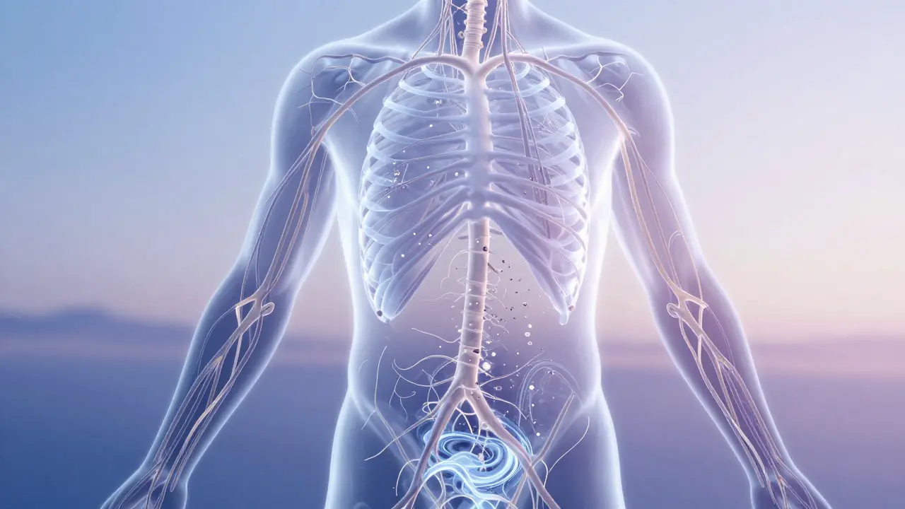 Glowing lymphatic vessels illuminated like bioluminescent pathways moving fluid toward key nodes in the body.