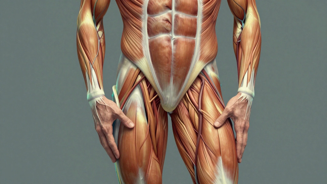 Illustrated muscle system with flow lines showing blood circulation and toxin removal during massage.