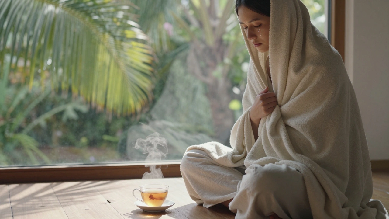 Person wrapped in a blanket after a lomi lomi session, drinking tea in quiet reflection, soft light from a tropical window.