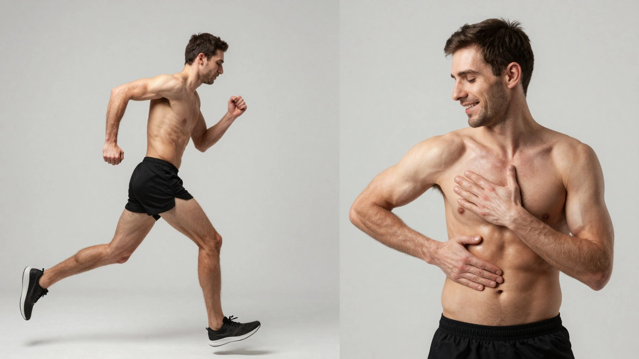 Split image showing runner before and after sports massage, contrasting tension and recovery.