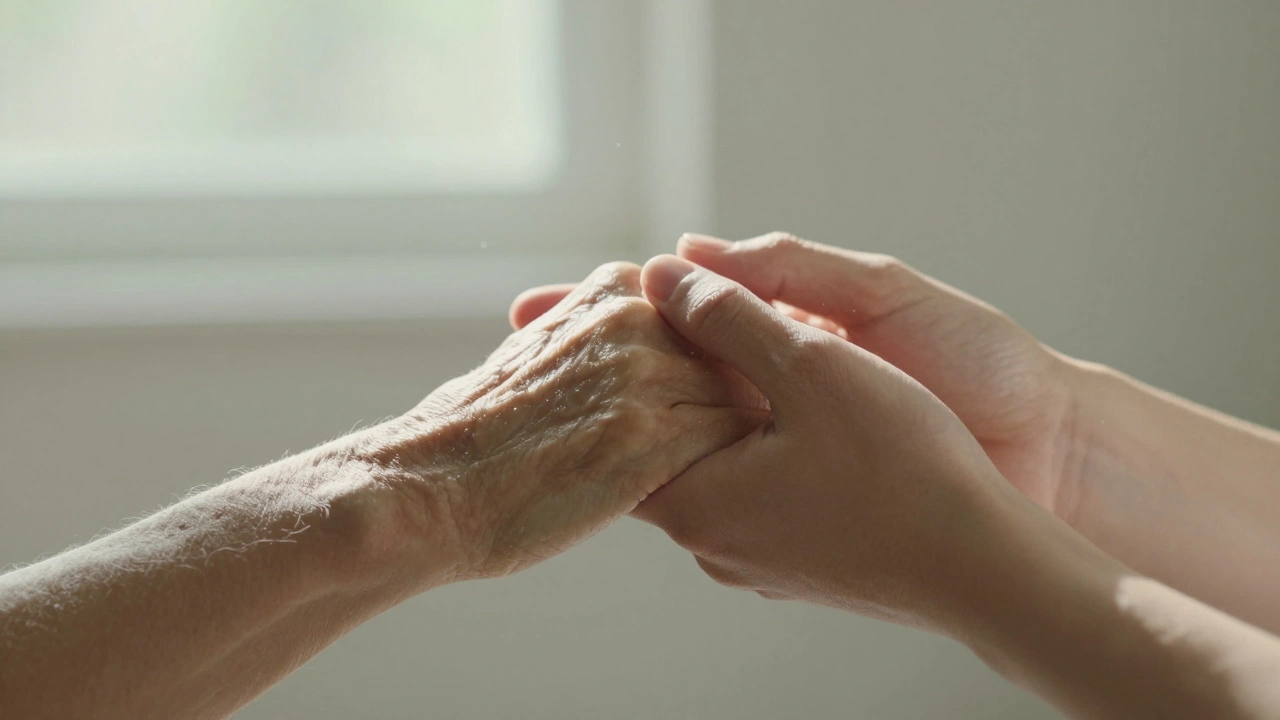 Two hands held together in silent comfort, sunlight highlighting the connection between caregiver and patient.