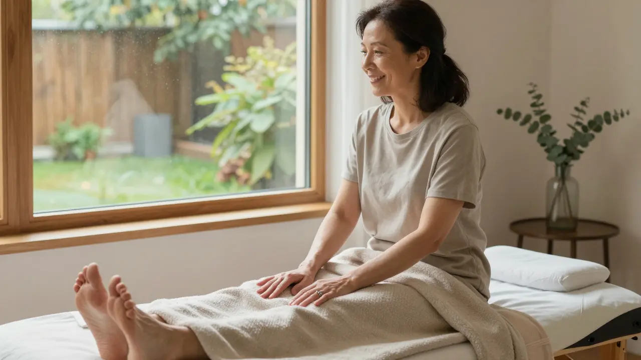 Woman smiling after massage, hands free of swelling, gazing peacefully out a window at a garden.