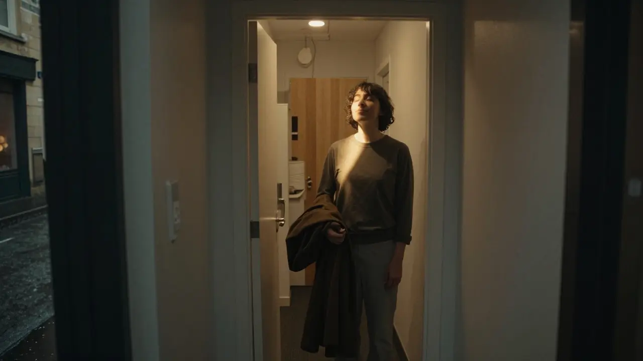 A person standing outside a massage studio, eyes closed, breathing deeply after a session.