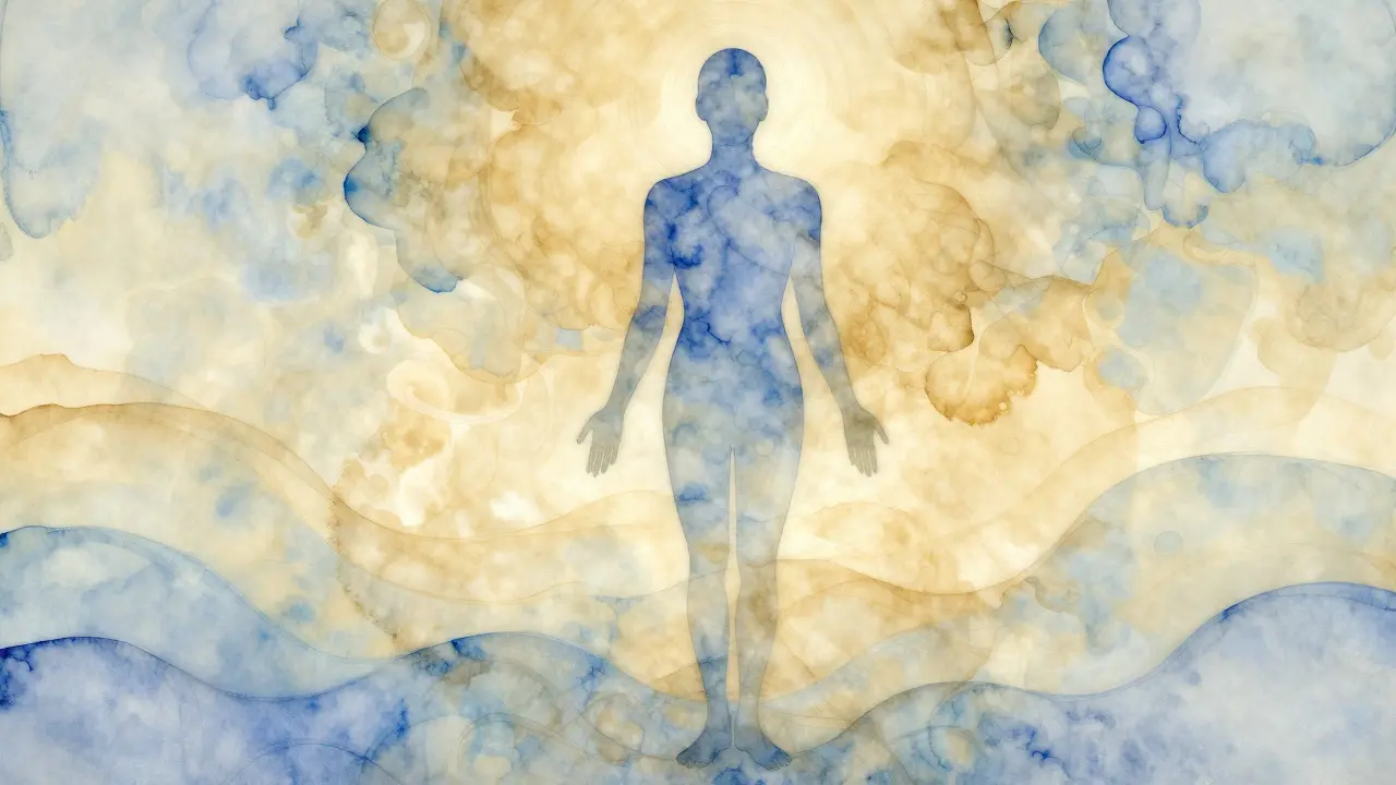 An abstract watercolor silhouette radiating gentle waves of touch and breath, symbolizing somatic self-awareness.