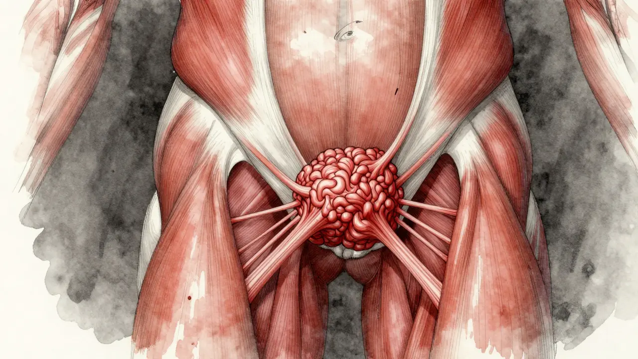 Anatomical illustration showing a muscle knot radiating pain to the hip and lower back.