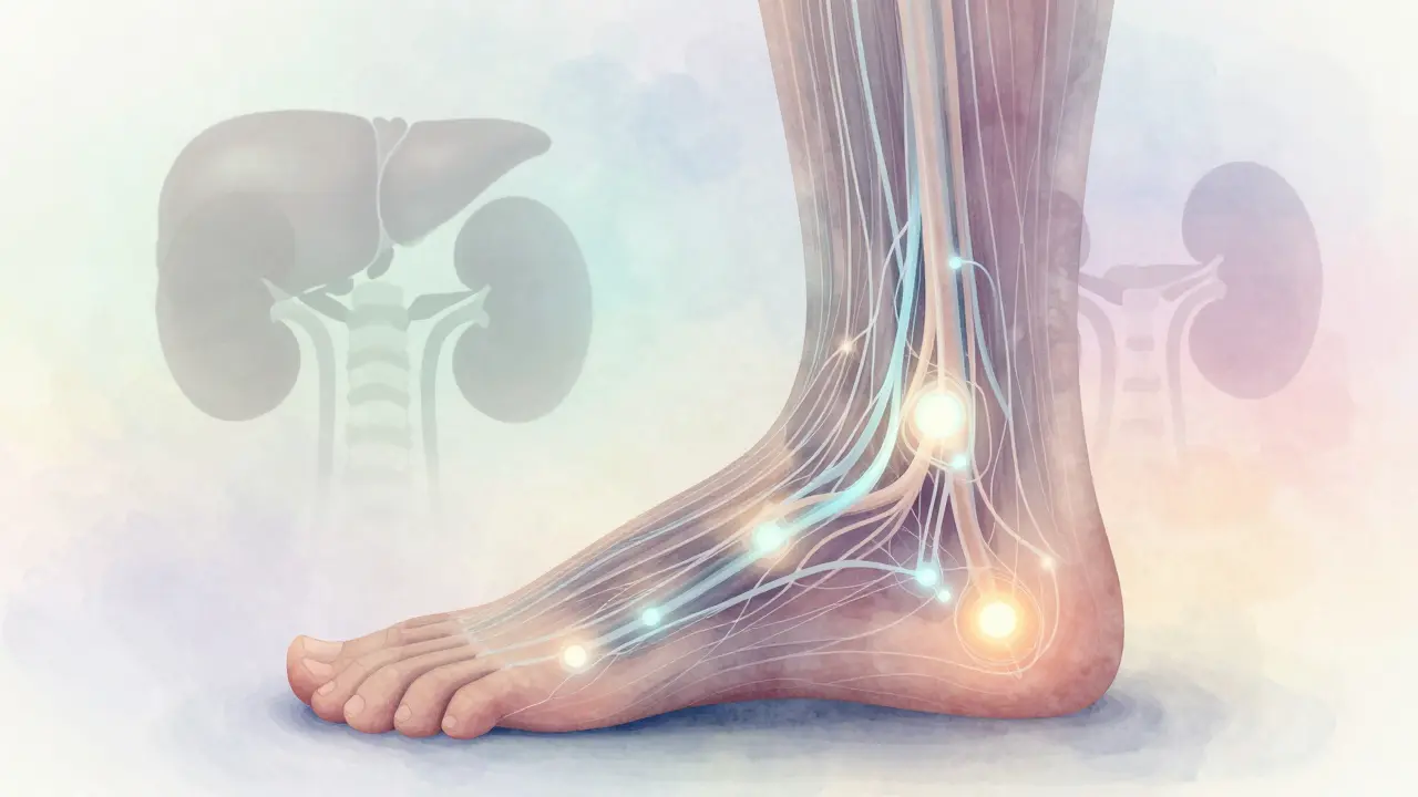 Detailed foot map with glowing reflex points and floating organ silhouettes in watercolor style.