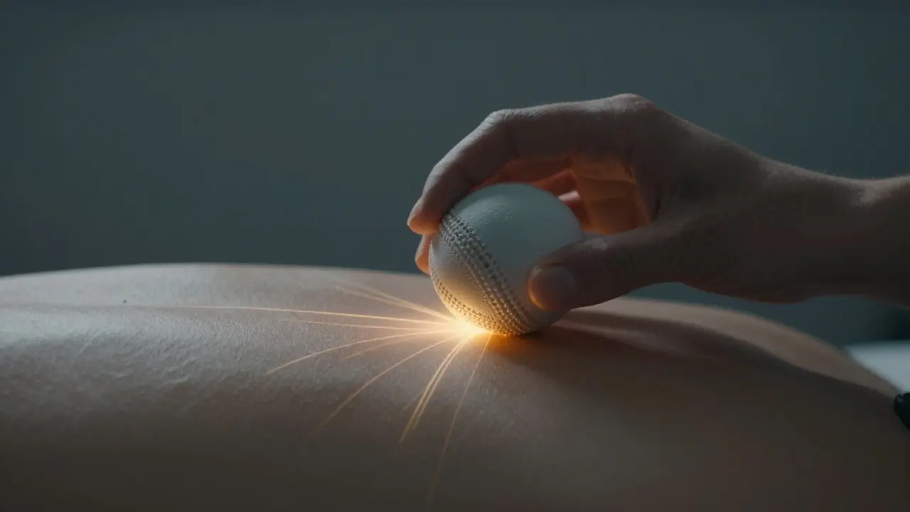 Hand applying pressure with a massage ball on the back, with glowing energy lines symbolizing relief.