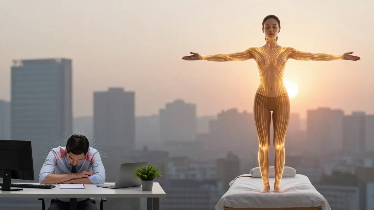 Split image: stressed office worker on left, same person energized with glowing energy lines on right, symbolizing healing and balance.