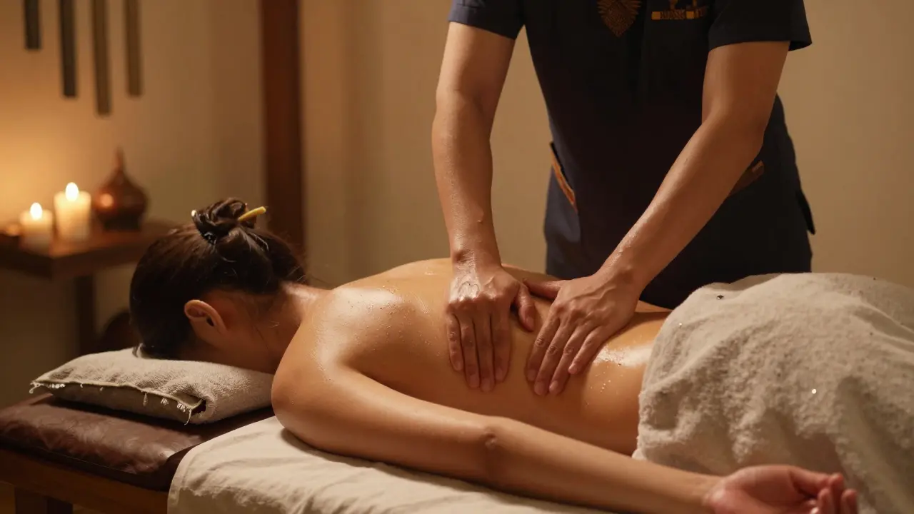 Therapist applying slow pressure along a client's lower back and thigh during a traditional Asian sensual massage.