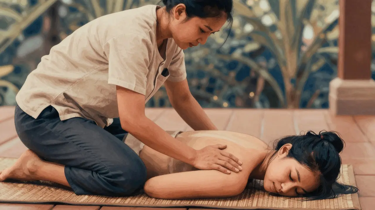 Therapist using knee and hands to guide a client's spine into a gentle backbend on a woven mat, focused and calm expressions.