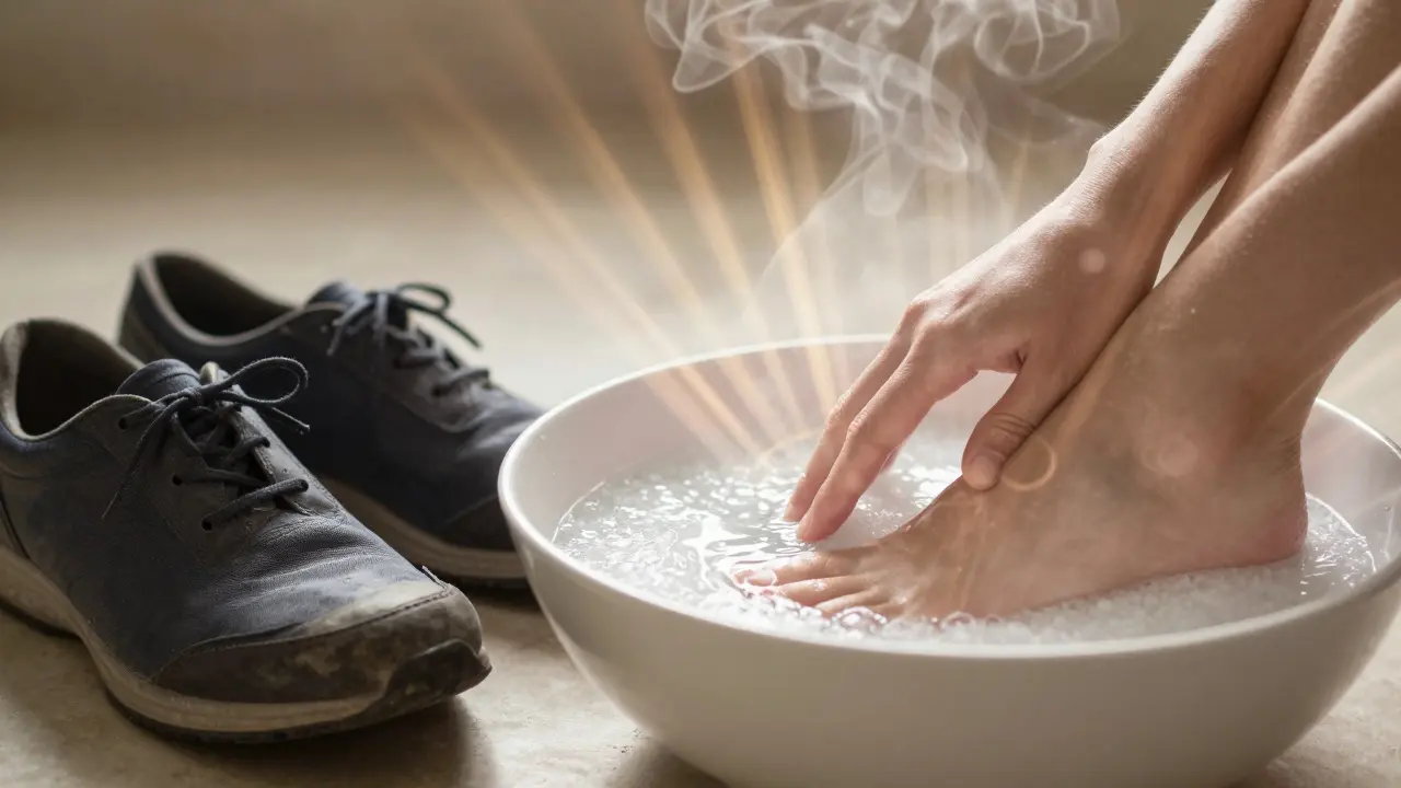 Worn shoes beside steaming foot soak, hand hovering above water with soft radiant light.