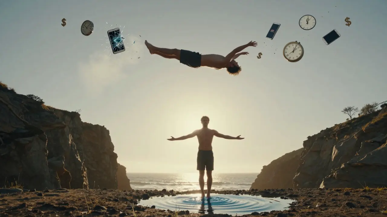 A figure floating above a cliff as modern distractions dissolve, while grounded below in warm spring light, symbolizing presence over performance.