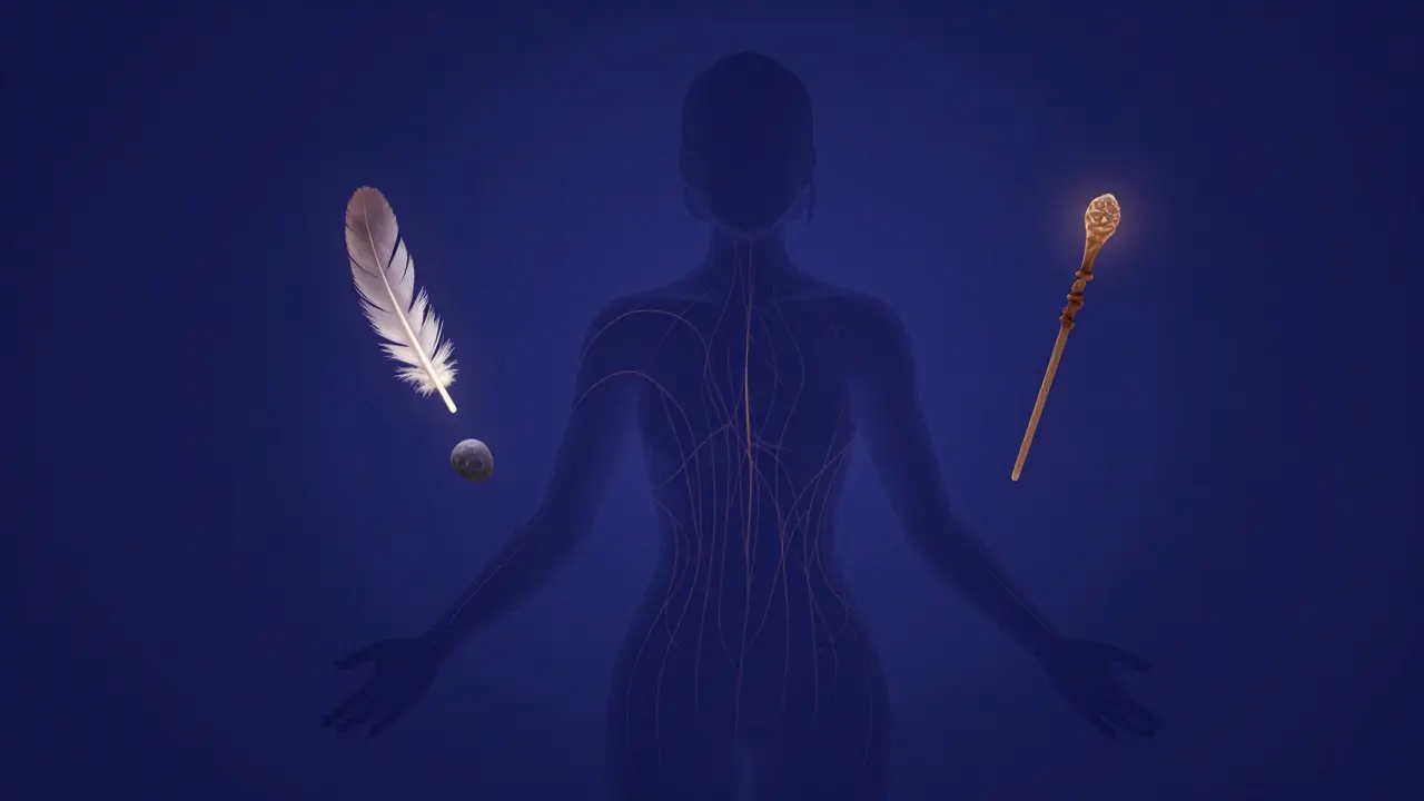 A human form with golden energy lines flowing along the body, surrounded by hovering tantric tools.